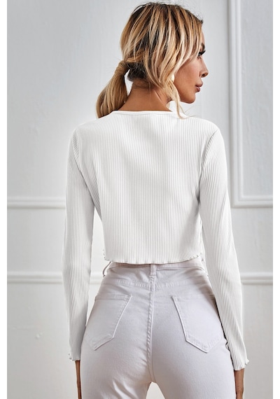 Fantezia Night Kadın Beyaz Uzun Kollu Önden Bağlama Detaylı Crop Top Bluz