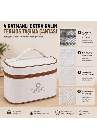 Lunch Box Isı Yalıtımlı Yemek Termosu Seti Paslanmaz Çelik Çantalı 304 Çelik Tse Belgeli Bej