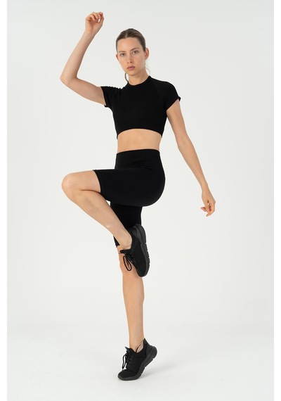 Maraton Slimfit Kadın Bisiklet Yaka Siyah- Crop Top Siyah-