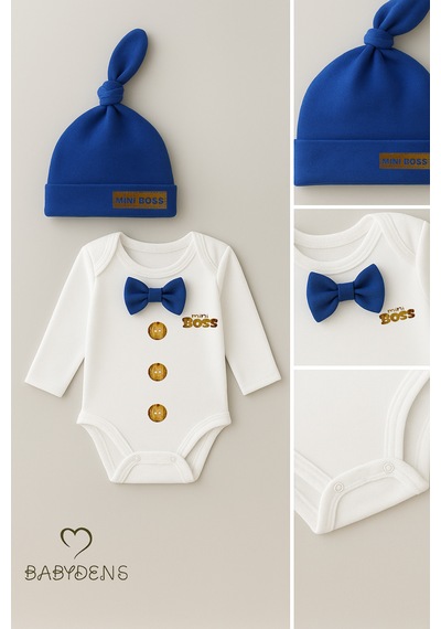 Babyden's Mini Boss Papyonlu Erkek Bebek Body Seti Şapkalı Yenidoğan Bebek Body-zıbın Takım Saks Mavi