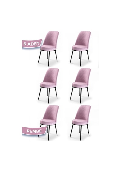 Canisa Concept Dexa Serisi, Üst Kalite Yemek Odası Sandalyesi, Metal Siyah Iskeletli, 6 Adet Pembe Sandalye Pembe Sandalye