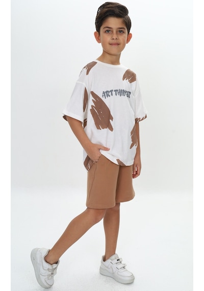 Toontoy Kids Toontoy Erkek Çocuk Fırça Desenli Yazı Baskılı Şortlu Takım Kahverengi