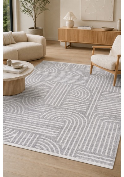 Zelve Geometrik Gri/beyaz Kaymaz Taban Yıkanabilir Salon Halısı