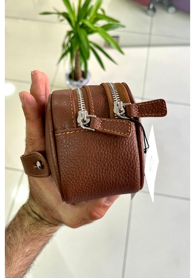 Empiero Mat Taba Hakiki Deri Çift Fermuarlı El Çantası El Geçmeli Mat Taba