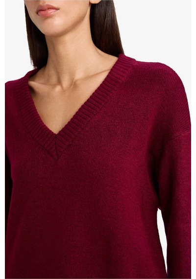 Defacto Oversize Geniş Kalıp V Yaka Kazak G2141ax26spbr327 Bordo-br327
