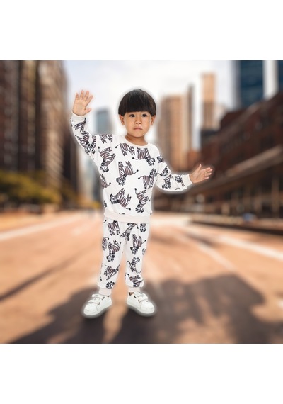 Lolliboomkids Unisex Çocuk Ekru Renk Zebra Desen 2 İplik Eşofman Takımı Krem