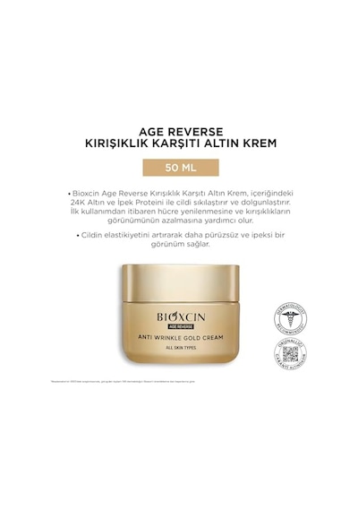 Bioxcin Age Reverse Kırışıklık Karşıtı Altın Krem 50 Ml 24k Altın, İpek Proteini, Pantenol Ve Zeytinyağı İçerikli Cilt Sıkılaştırıcı Ve Nemlendirici