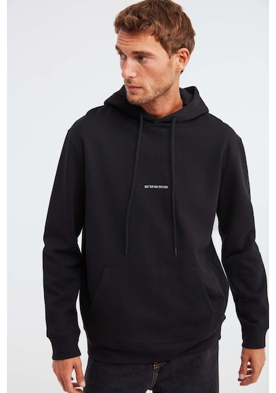 Grımelange Epic  Erkek Yumusaçık Kumaşlı Kapüşonlu Kordonlu Regular Fit Nakışlı Siyah Sweatshirt