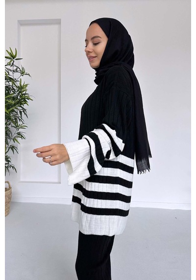 Kahijab Çift Renk Çizgili Triko Takım - Siyah