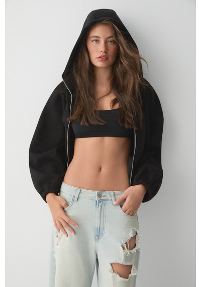 ETHIQUET VA IT Kadın Çift Cepli Eteği Ve Kol Ucu astikli Fermuarlı Oversize Siyah Sweatshirt