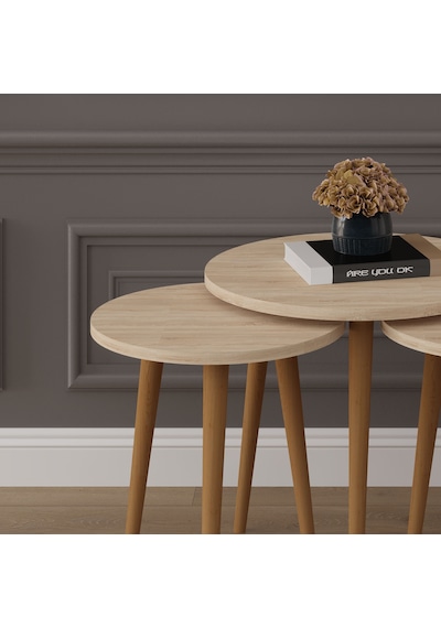 Asra Trend 3'lü Yuvarlak Zigon Sehpa Takımı SEHPA01 %100 MDF Ahşap Ayaklı Sonoma