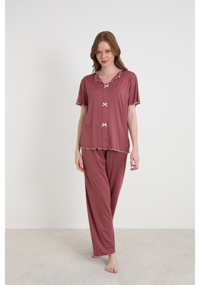Elitol Bamboo Örme Fiyonklu Kadın Pijama Takımı Kahverengi