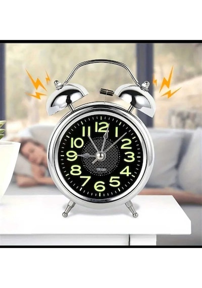 Metal Süper Yüksek Sesli Alarm Saati, Işıklı, Fosforlu, Gece Görünen Kadranlar, Sessiz Saniyeli Mavi