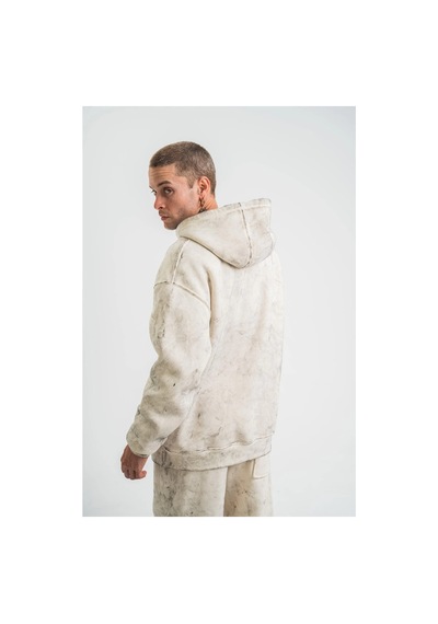 Erkek 3 İplik Pamuklu Oversize Kapşonlu Yıkamalı Sweatshirt Hoodie - Krem