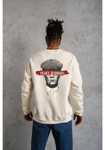 Luz&pos Erkek Bisiklet Yaka Baskılı Oversize Sweatshirt - Beyaz Beyaz