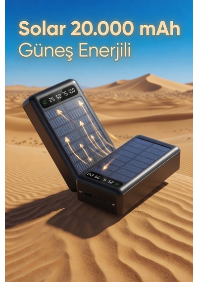 Solar 20.000 Mah Güneş Enerjili Led Işıklı Powerbank Şarj Aleti 2x Usb Çıkışlı Mikro Tycp Siyah