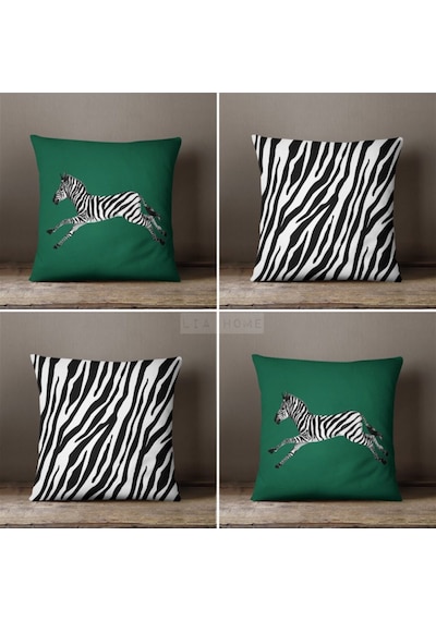 Zebra Desenli Çift Taraflı Dekoratif 4'lü Kombin Kırlent Kılıfı Seti - Yeşil