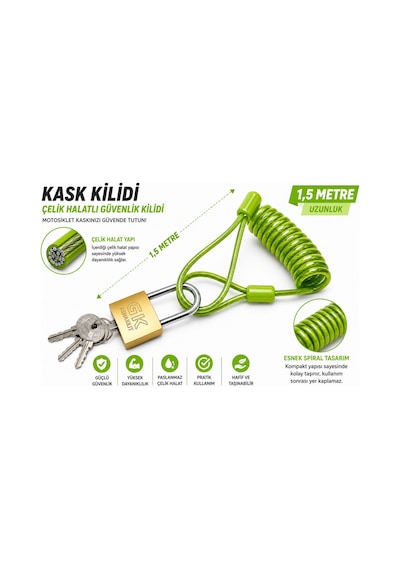 Yeşil Motosiklet Kask Güvenlik Kilidi Çelik Halatlı Spiral Kablo 3 Anahtar Yeşil