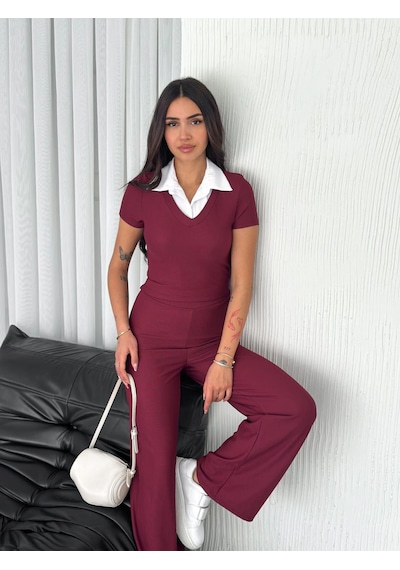 Elaxi Ottoman Kumaş Gömlek Garnili Crop-pantolon İkili Takım Bordo Elaxi Ottoman Kumaş Gömlek Garnili Crop-pantolon İkili Takım Bordo