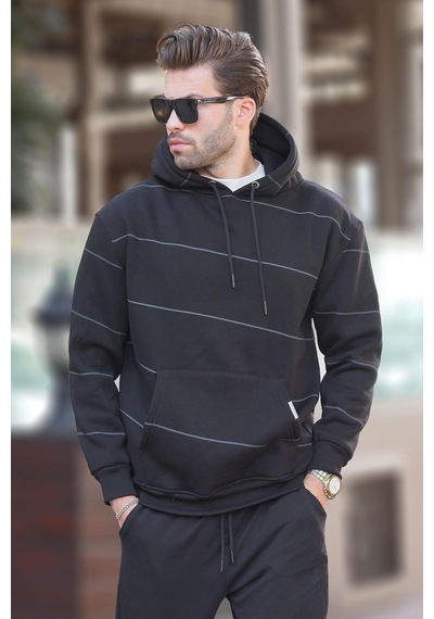 Madmext Siyah Kapüşonlu Cep Detaylı Çizgili Erkek Sweatshirt 7063 Siyah