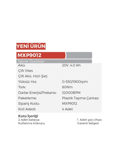 Max Extra Mxp9012 - 80 Nm Akülü Darbeli Matkap Vidalama - 20 Volt - 4 Amper