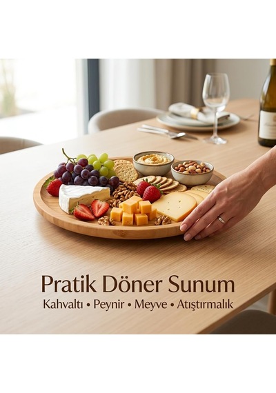 Bambu Dönerli Yuvarlak Sunum Tabağı 30 X 30 X 3,1 Cm, 360 Derece Dönen Servis Tepsisi, Kahvaltı, Peynir, Meyve Ve Atıştırmalık Sunumu İçin Çok Renkli