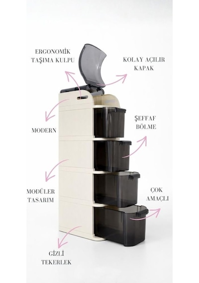 Geseus Xl Pro Slim Tekerlekli Çok Amaçlı Banyo Ve Mutfak Dolabı Şeffaf Çekmeceli Dar Alan Düzenleyici Organizer Beyaz
