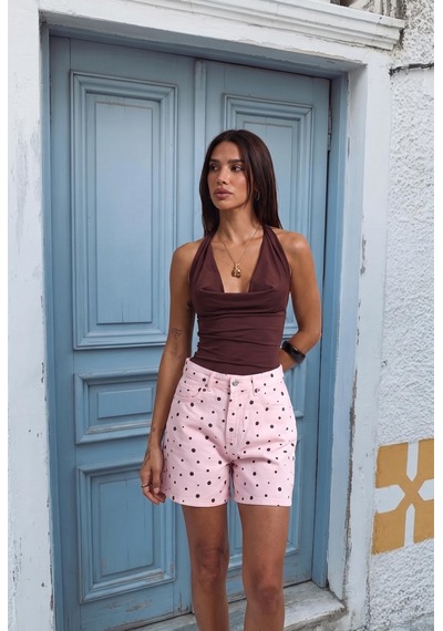 Kadın Pembe Puantiye P1-6s6-98 Midi Mom Şort