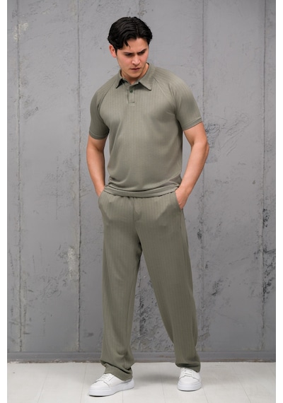 Mass Plus Regular Fit Likralı Kendinden Çizgili Yarım Baggy Pantolonlu T-shirt Takım Yeşil