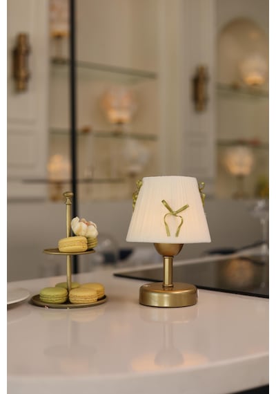 Krem Kadife Süet Gold Fiyonk Kablosuz Şarjlı Masa Lambası - Alt Eskitme Gold Eskitme Gold