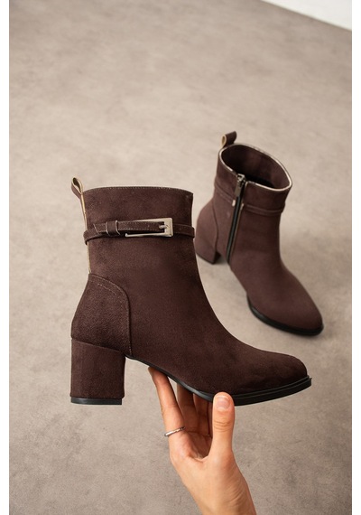 Dabab Shoes Lunara Kadın Kahve Süet Tokalı Topuklu Kısa Konç Bot Bootie Kahverengi