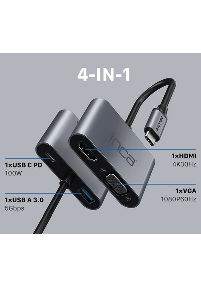 Inca Itpc-06tx Type-c Hub X4 Hdmı 4k 30 Hz+ Vga+ Usb 3.0+pd 100w