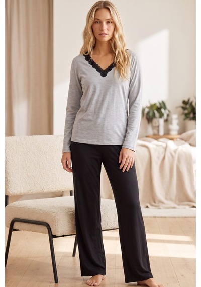 Siyah İnci Gri Siyah Likralı Örme Pijama Takım 26240365