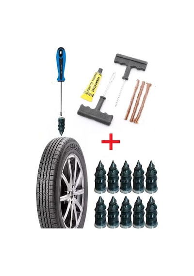 6 Parça Fitilli Lastik Tamir Kiti + 10'lu Kauçuk Tamir Vidası Seti - Otomobil, Motosiklet, Bisiklet