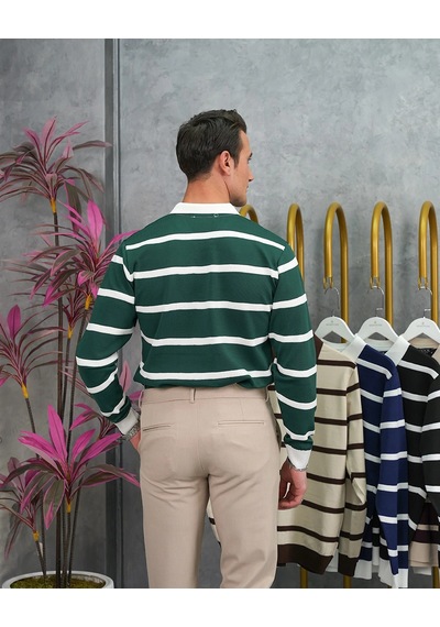 Modefendi Pamuk Likra Slim Fit Örgü Yatay Desen Yaka Şerit Detaylı Polo Yaka Kazak Yeşil
