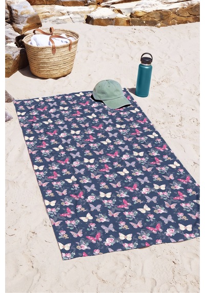 Kelebek Gül Çiçekli Lacivert Plaj Havlusu-romantik Vintage Pembe Mor Hızlı Kuruyan Mikrofiber Havlu Bulut Çayı