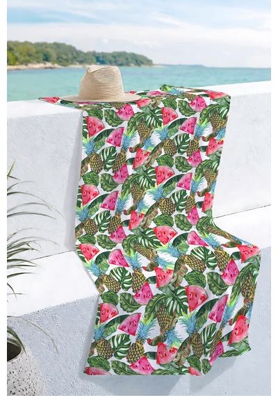 Tropikal Meyve Yapraklı Plaj Havlusu - Ananas Karpuz Marine Beyaz Hızlı Kuruyan Mikrofiber Havlu Kumlu Melon