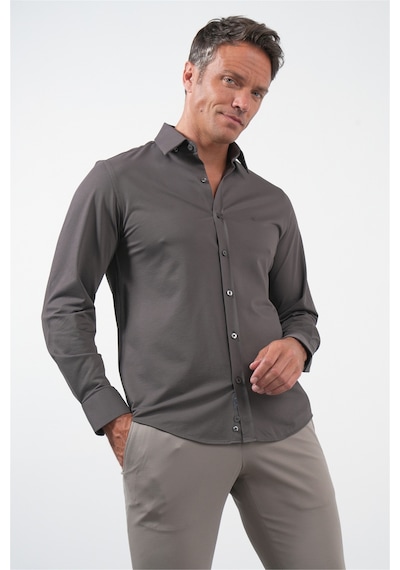 İmza Kahverengi Tulum Yaka Uzun Kol Cepsiz Örme Slim Fit Pamuklu Gömlek 1004260208