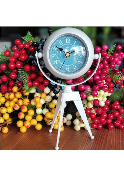 Masa Saati Retro Tripod Saat Oturma Odası Ferforje Saat Beyaz Beyaz