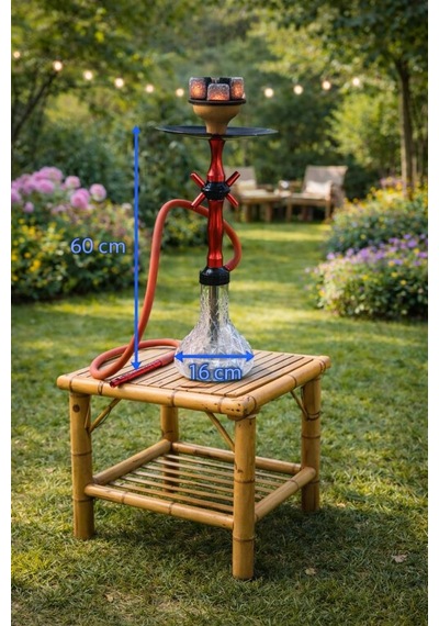 Lüks Cam Nargile Takımı 60 Cm Kırmızı Metal Gövde, Şeffaf Cam Taban 16 Cm, Bahçe Balkon Teras Kullanımına Uygun
