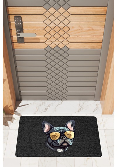 Rugmood Modern Dijtal Baskı Siyah Gözlüklü Siyah Köpek Kapı Önü Paspası