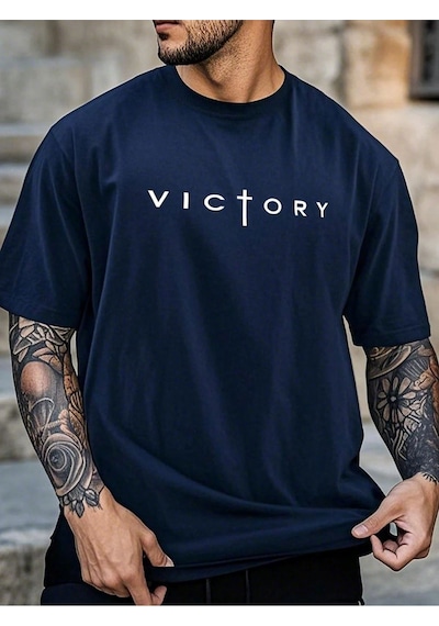 Victory Baskılı Süprem Lacivert T-shirt - Oversize Bisiklet Yaka Tişört Lacivert-280584 Victory Baskılı Süprem Lacivert T-shirt - Oversize Bisiklet Yaka Tişört Lacivert-280584
