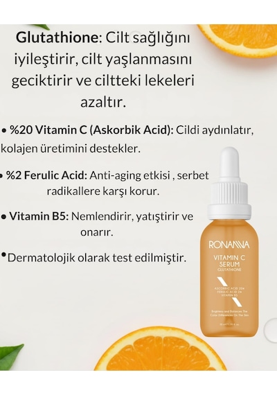 Ronanna C Vitamini Serum %20 Saf Vitamin C Leke Karşıtı Cilt Aydınlatıcı Anti Aging Serum 30ml