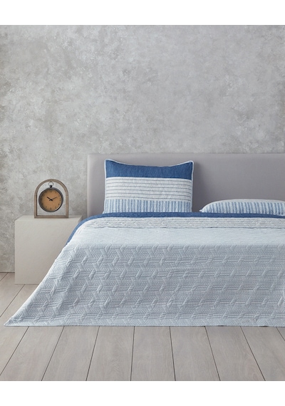English Home Sleek Stripes Çift Taraflı Tek Kişilik Yatak Örtüsü Takımı Mavi Mavi