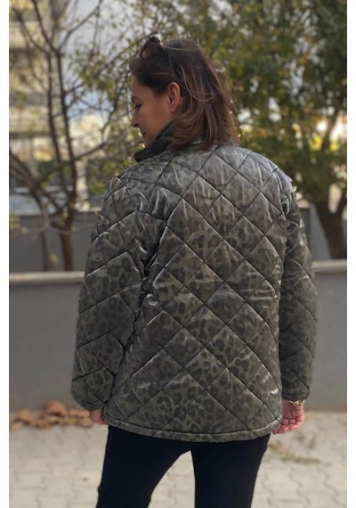 Mia Butik Büyük Beden Haki Leopar Desenli Mont-1559 Haki