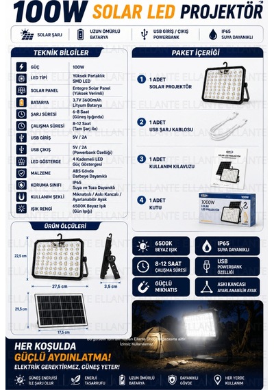 100w Solar Led Projektör Usb Powerbank Özellikli Şarjlı Kamp Lambası Ip65 Su Geçirmez Bahçe Ve Acil