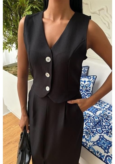 Moderie Butik Etek Yırtmaçlı Yelekli Keten Takım 10131 Si Yah