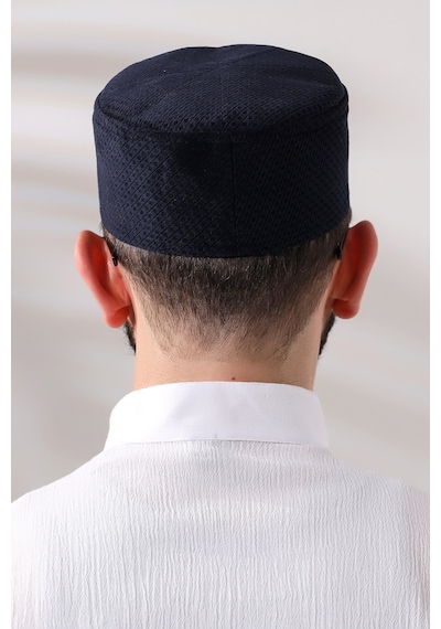 Lacivert Petek Kareli Kadife Kalıp Namaz Takkesi