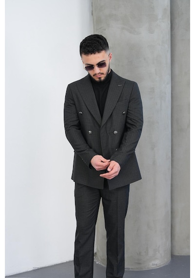 Dupont Classics Dupont Slim Fit Sivri Yaka 6 Drop Çift Yırtmaç Çizgili Viskon Kruvaze Erkek Takım Elbise Antrasit - Gri