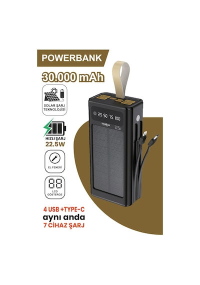 30.000 Mah Powerbank Güneş Enerjili Solar Hızlı Şarj Göstergeli El Fenerli Taşınabilir Batarya 22.5w Siyah